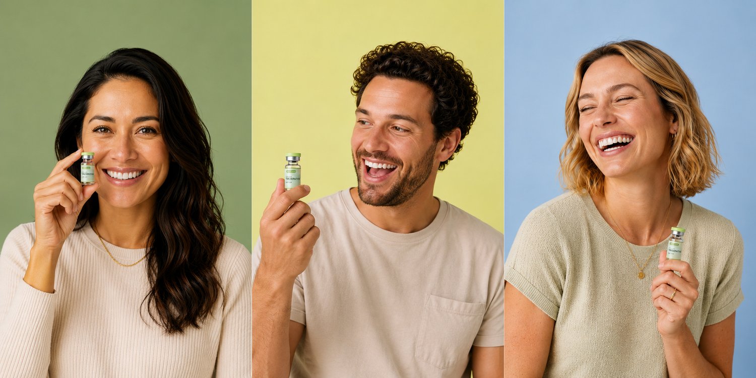 Three YourEra members holding Compounded Tirzepatide vials
