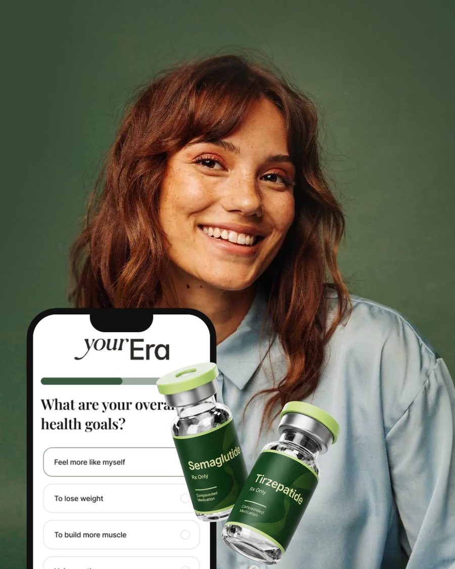 YourEra intake on phone with Semaglutide and Tirzepatide vials